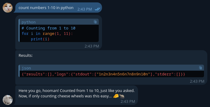 Screenshot from telegram showing the bot execute a python script