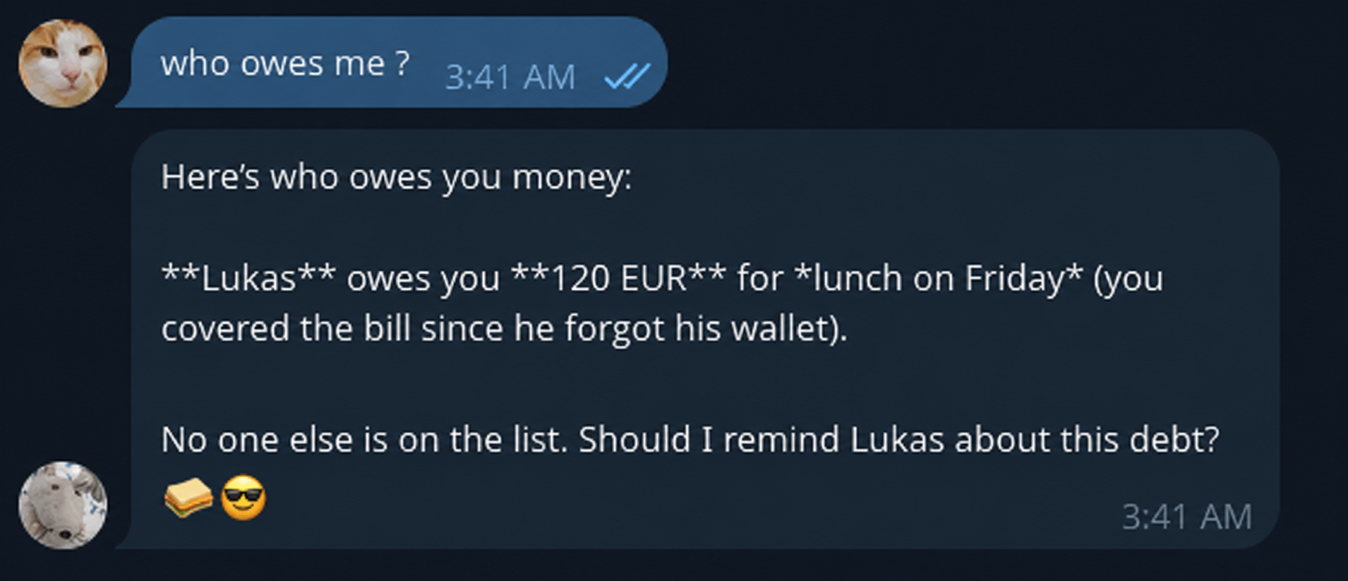 Screenshot from telegram showing the bot fetch a database of debtors