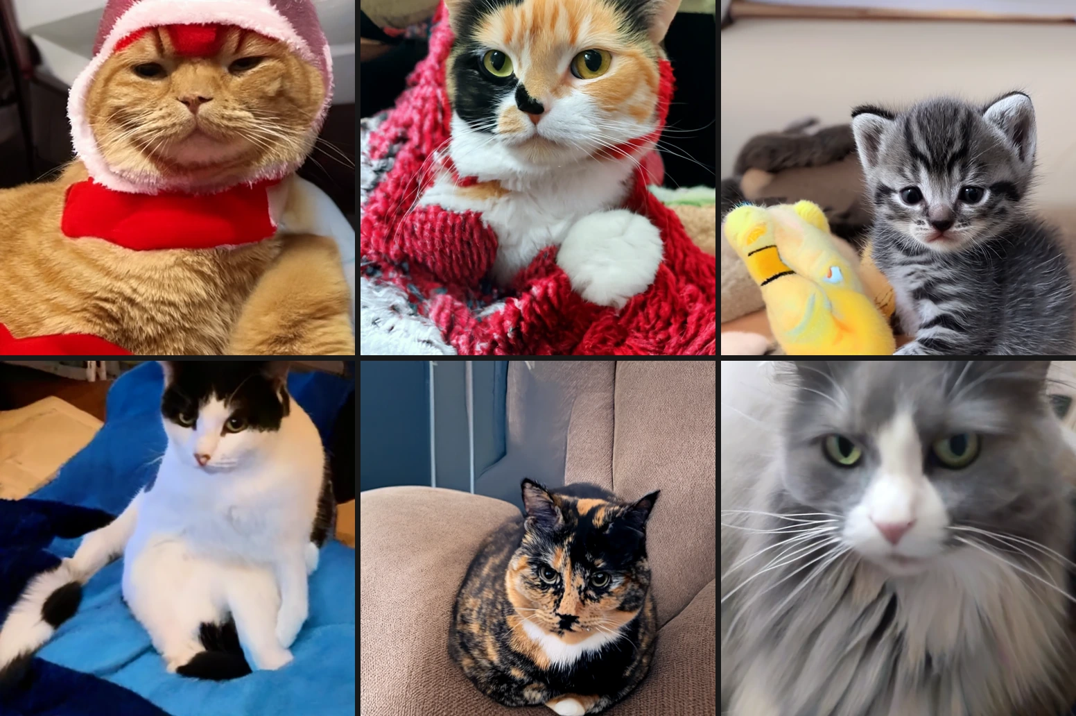 Six cats generated by Nano Catana: an orange cat in a Santa hat, a calico wrapped in a red blanket, a grey kitten with a yellow toy, a black and white cat on a blue blanket, a tortoiseshell on a couch, and a fluffy grey and white cat.