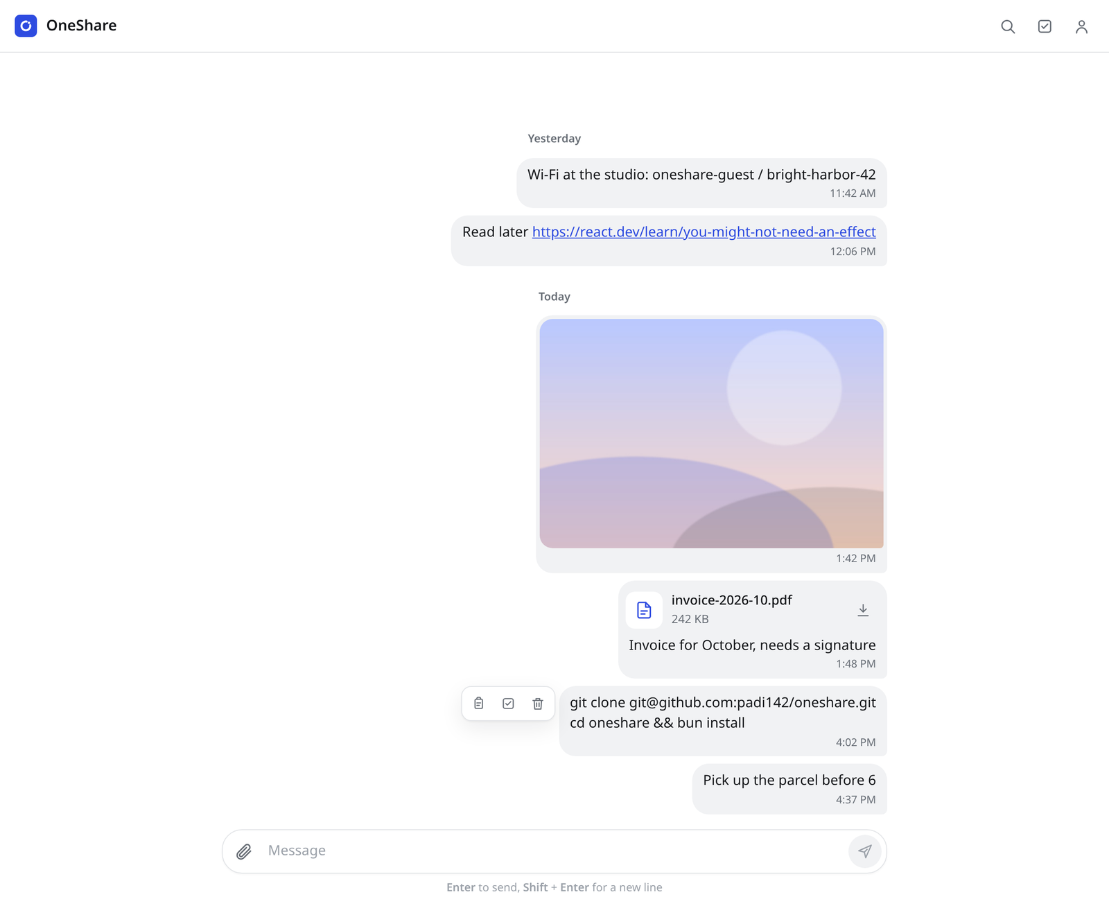 OneShare desktop app in light mode