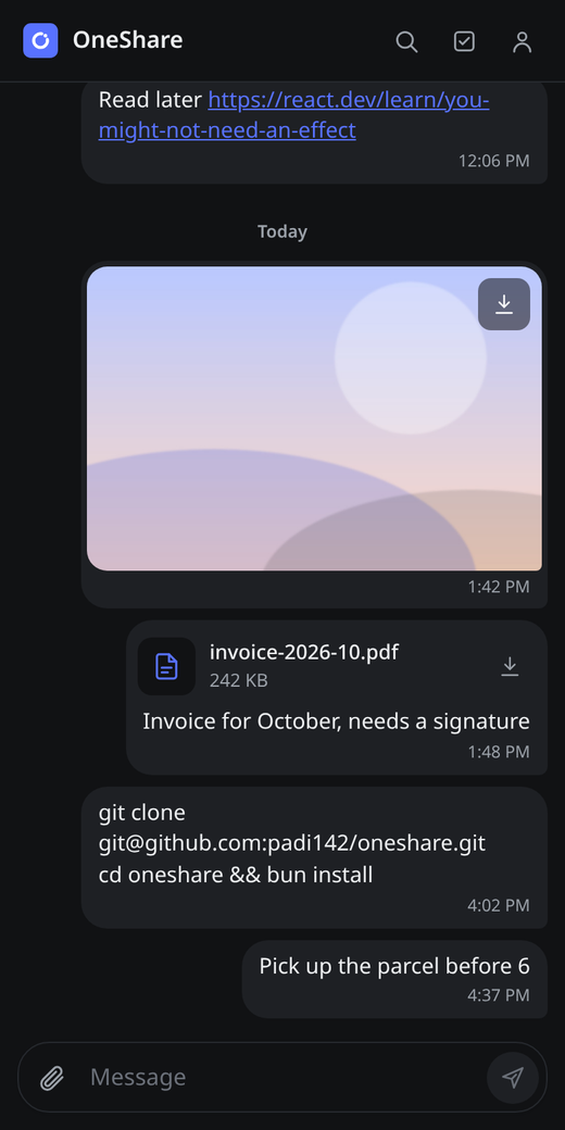 OneShare on a phone in dark mode
