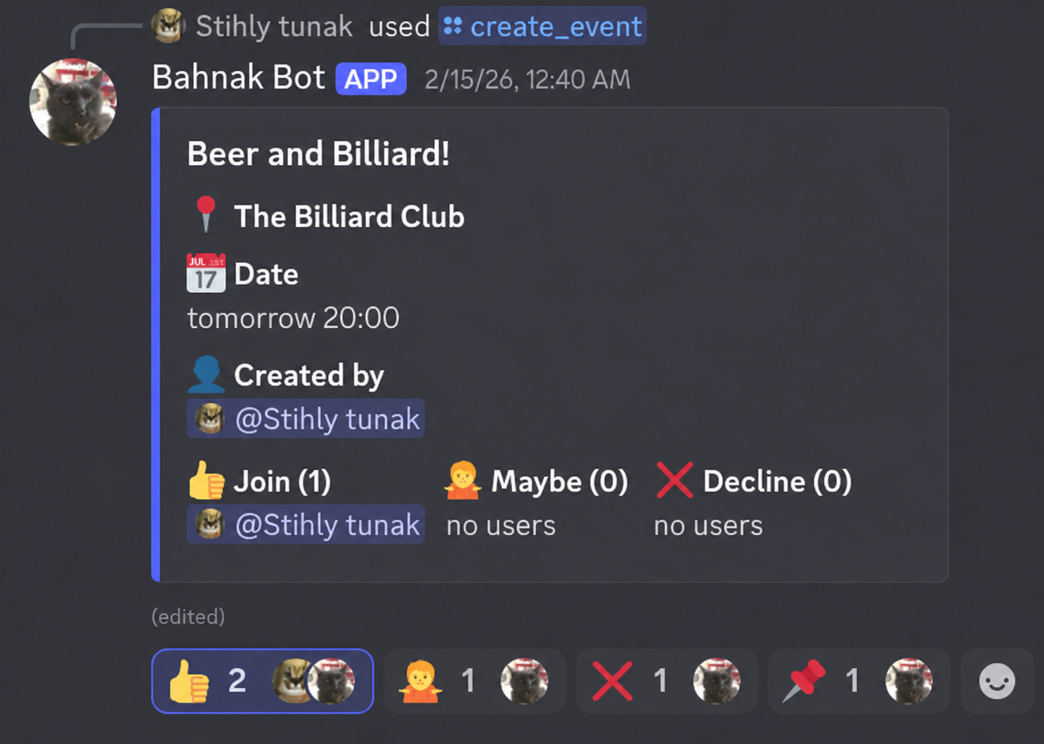 Screenshot from discord showing an example event