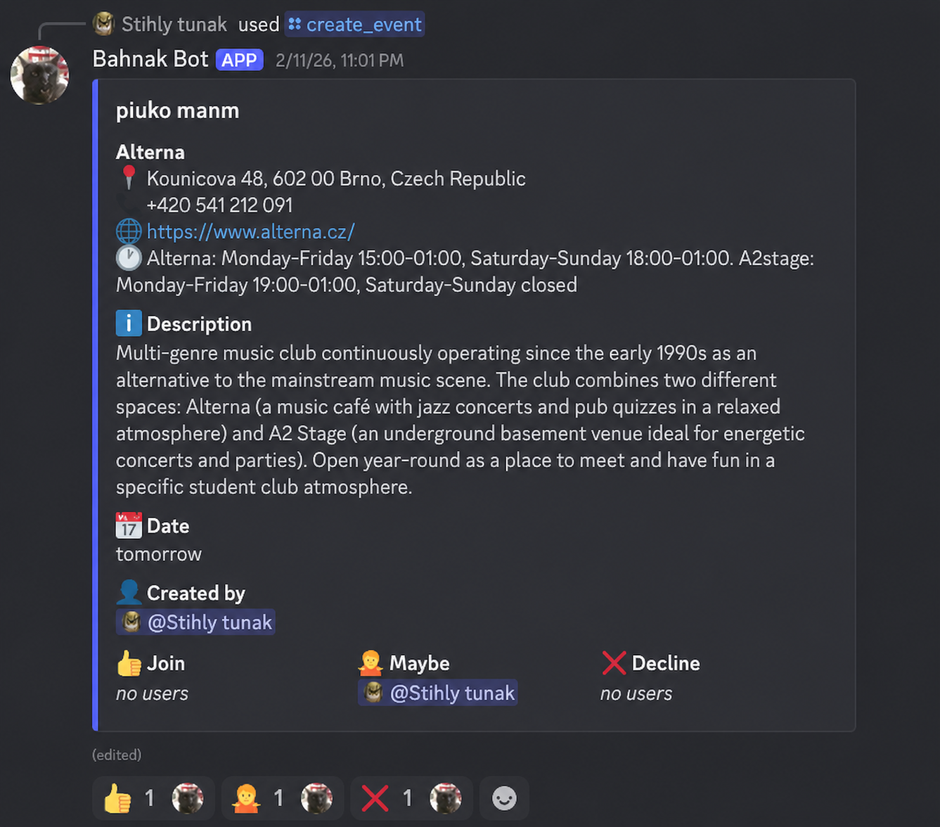 Screenshot from discord showing a filled out research 